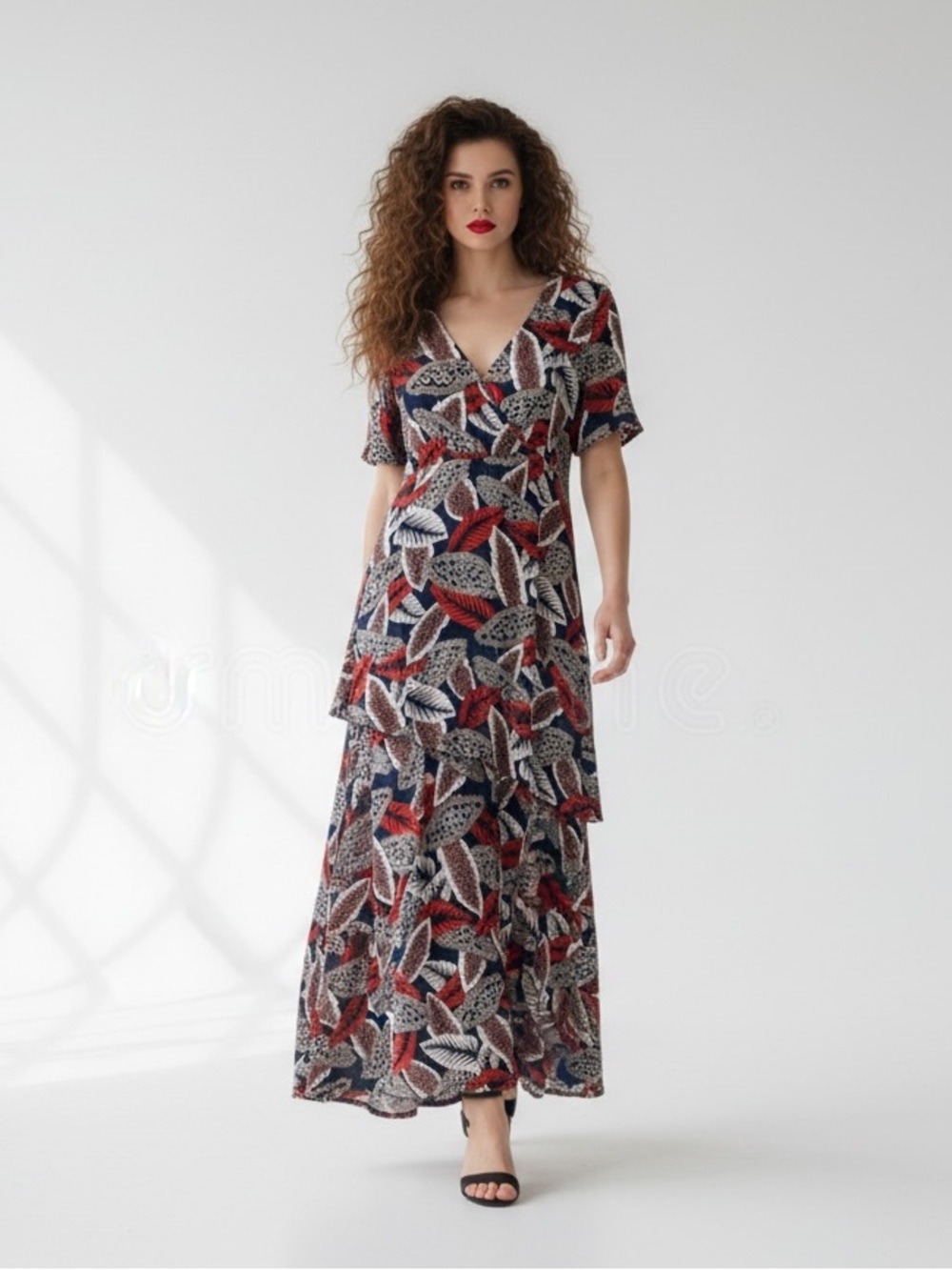 ETWO Tropical Leaf Maxi Dress - Red & Turquoise Boho Rayon - Size L